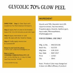 Cosderma Glycolic 70% Glow Peel - Deep Exfoliation & Skin Renewal | Chemical Peeling Facial Kit